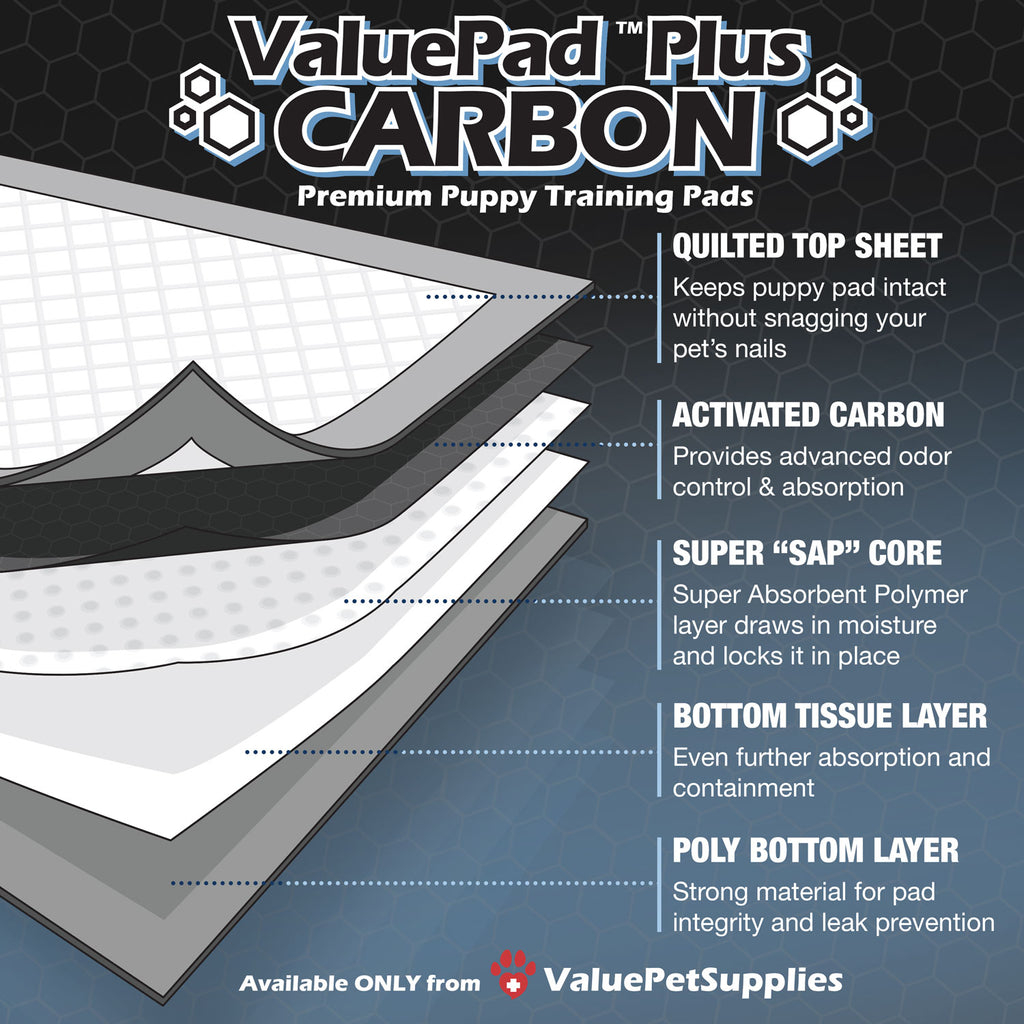 ValuePad Plus Carbon Puppy Pads, Small 17x24 Inch, 300 Count - Premium Pee Pads for Dogs, Activated Charcoal Odor Control, Super Absorbent Polymer Gel Core, 5-Layer Design 